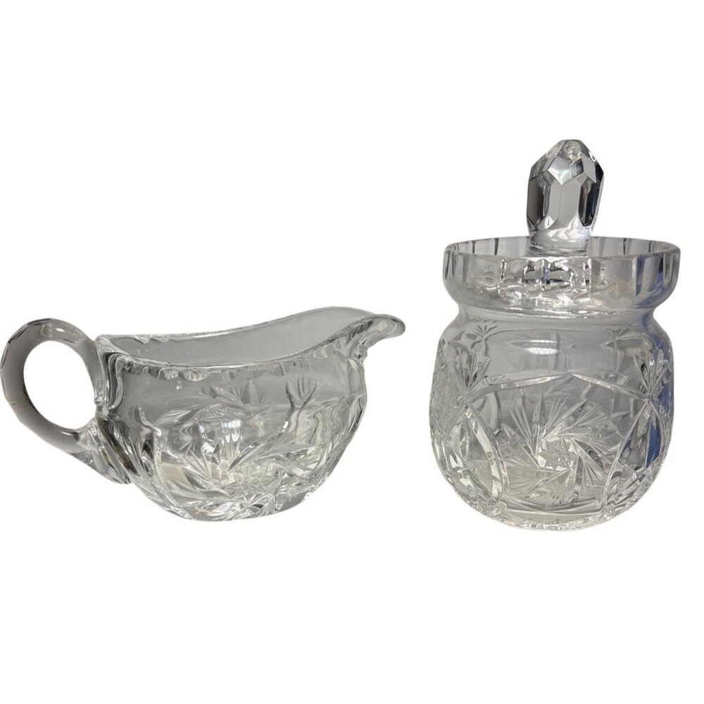 Bohemian Crystal Creamer & Lidded Sugar Dish Pinwheel Starburst Stunning Vintage
